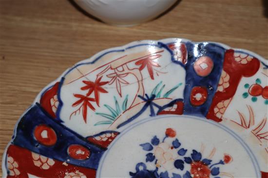 A quantity of mixed ceramics including a Burmantofts jardiniere, an Imari dish, etc.